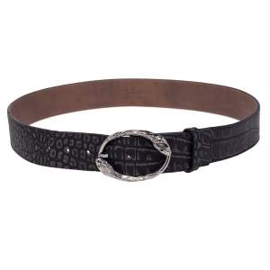 Roberto Cavalli Black/Grey Croc Embossed Leather Snake Detail Belt Buckle Belt