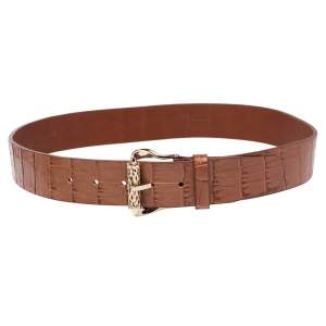 Roberto Cavalli Brown Croc Embossed Leather Buckle Belt 100CM