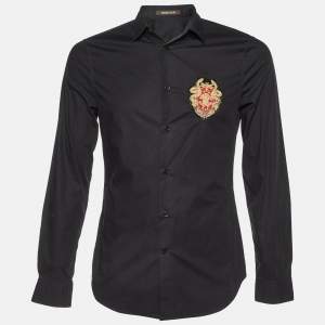 Roberto Cavalli Black Cotton Logo Crest Embroidered Button Front Shirt S