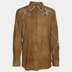 Roberto Cavalli Brown Embroidered Suede Button Front Shirt M