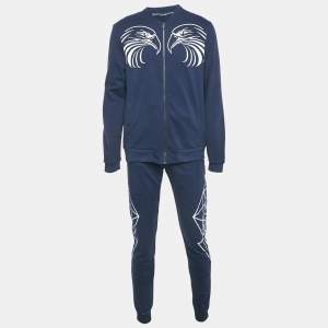Roberto Cavalli Navy Blue Printed Cotton Knit Zip Front Jacket & Joggers Set L