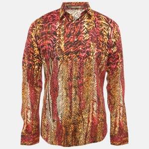 Pre Owned Roberto Cavalli Pink/Orange Printed Cotton Slim Fit Shirt M