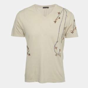 Pre Owned Roberto Cavalli Beige Floral Embroidered Jersey V-Neck T-Shirt S