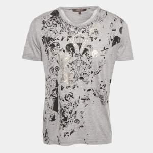 Pre Owned Roberto Cavalli Grey Printed Jersey T-Shirt M