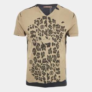 Pre Owned Roberto Cavalli Brown Printed Jersey V-Neck T-Shirt M