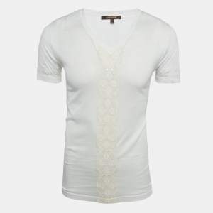 Pre Owned Roberto Cavalli White Embroidered Jersey V-Neck T-Shirt S