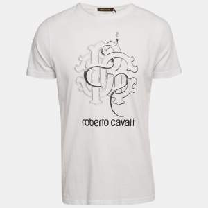 Pre Owned Roberto Cavalli White Snake Print Jersey T-Shirt L