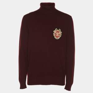مملوكة مسبقًا Roberto Cavalli Burgundy Wool Blend Logo Patch Turtle Neck Sweater M