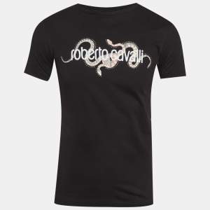 Pre Owned Roberto Cavalli Black Snake Graphic Logo Crew Neck T-Shirt S