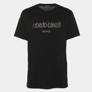 Pre Owned Roberto Cavalli Black Jersey Logo Print T-Shirt L