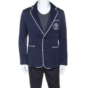 Pre Owned Roberto Cavalli Navy Blue Patterned Contrast Trim Blazer L