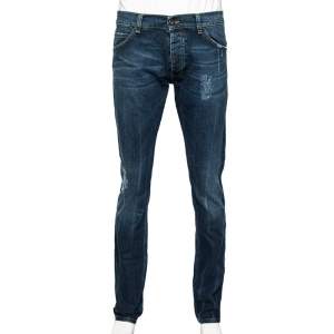 Pre Owned Roberto Cavalli Indigo Distressed Denim Brass Applique Detail Jeans L