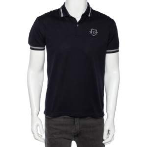 Pre Owned Roberto Cavalli Navy Blue Cotton Pique Logo Crest Embroidered Polo T-Shirt M