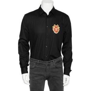 قميص روبرتو كافالي قطن أسود مطرز بالشعار وبأزرار أمامية مقاس كبير جدًا - إكس لارج