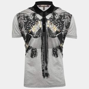 Pre Owned Roberto Cavalli Grey Striped Printed Cotton Polo T-Shirt L