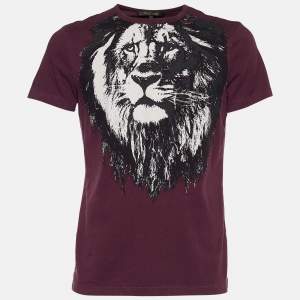 Pre Owned Roberto Cavalli Burgundy Printed Cotton T-shirt M