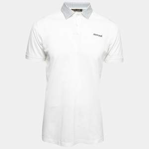 Roberto Cavalli White Cotton Printed Collar Polo T-Shirt L