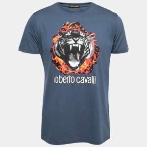 Roberto Cavalli Blue Signature Striking Tiger Print Cotton T-Shirt L