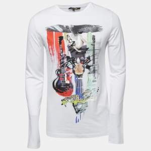 Pre Owned Roberto Cavalli White Printed Cotton Crew Neck Full Sleeve T-Shirt M