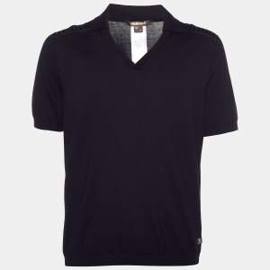 Pre Owned Roberto Cavalli Black Cotton Knit Metal Detail Polo T-Shirt XL