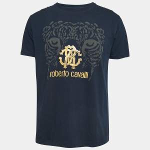 Roberto Cavalli Navy Blue Logo Print Cotton Half Sleeve T-Shirt XL