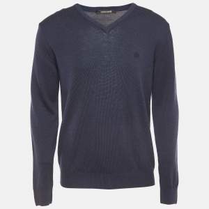 Roberto Cavalli Navy Blue Wool Knit V-Neck Sweatshirt XL