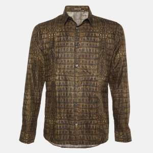 Roberto Cavalli Olive Brown Leather Print Cotton & Silk Long Sleeve Shirt L