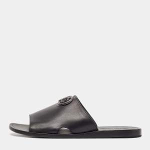 Roberto Cavalli Black Leather Logo Flat Slide Sandals Size 43