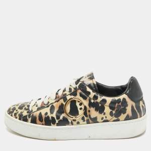 Roberto Cavalli Black/Brown Leopard Print Leather Lace Up Sneakers Size 43