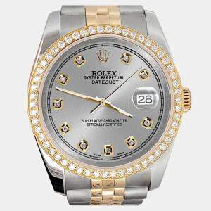 Rolex Custom Gray 1.1ct Diamonds 18K Yellow Gold Stainless Steel Datejust  Automatic Men's Wristwatch 36mm