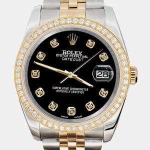 Rolex Custom Black 1.1ct Diamonds 18K Yellow Gold Stainless Steel Datejust  Automatic Men's Wristwatch 36mm