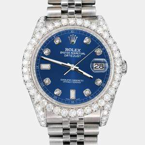 Rolex Custom Cobalt Blue 4CT Diamond Stainless Steel Datejust 116200 Automatic Men's Wristwatch 36mm