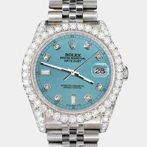 Rolex Custom Turquoise 4CT Diamond Stainless Steel Datejust 116200 Automatic Men's Wristwatch 36mm