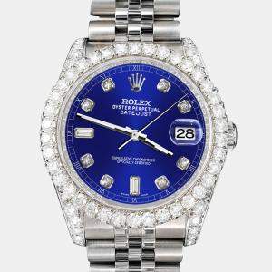 Rolex Custom Navy Blue 4CT Diamond Stainless Steel Datejust 116200 Automatic Men's Wristwatch 36mm