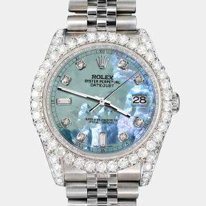 Rolex Custom Tahitian Blue MOP 4CT Diamond Stainless Steel Datejust 116200 Automatic Men's Wristwatch 36mm