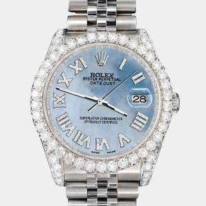 Rolex Custom Sky Blue MOP 4.2CT Diamond Stainless Steel Datejust 116200 Automatic Men's Wristwatch 36mm