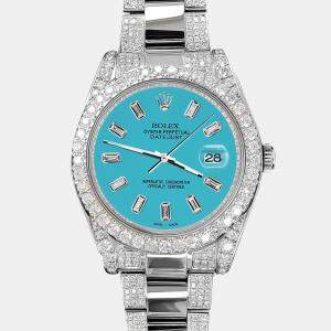 Rolex Custom Turquoise 10.65CT Diamond Stainless Steel Datejust II 116300 Automatic Men's Wristwatch 41 mm