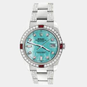 Rolex Custom Aquamarine 4.5CT Diamond Stainless Steel Datejust 116200 Automatic Men's Wristwatch 36 mm