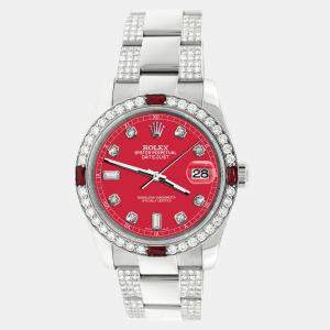 Rolex Custom Scarlet Red 4.5CT Diamond Stainless Steel Datejust 116200 Automatic Men's Wristwatch 36 mm