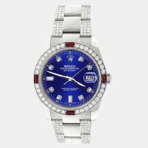 Rolex Custom Navy Blue 4.5CT Diamond Stainless Steel Datejust 116200 Automatic Men's Wristwatch 36 mm