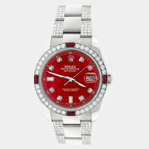 Rolex Custom Red MOP 4.5CT Diamond Stainless Steel Datejust 116200 Automatic Men's Wristwatch 36 mm