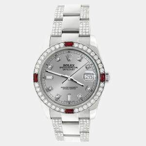 Rolex Custom Silver 4.5CT Diamond Stainless Steel Datejust 116200 Automatic Men's Wristwatch 36 mm