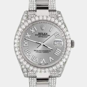 Rolex Custom Silver 8.3CT Diamond Stainless Steel Datejust II 116300 Automatic Men's Wristwatch 41mm
