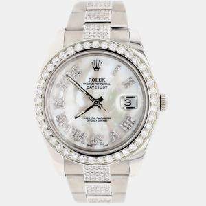 Rolex Custom White Pearl 6.15CT Diamond Stainless Steel Datejust II 116300 Automatic Men's Wristwatch 41mm