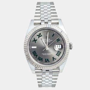Rolex Grey Stainless Steel & 18k White Gold Datejust Wimbledon Men's Wristwatch 41 mm