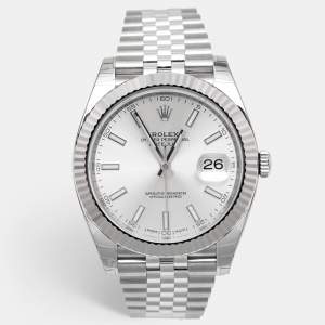 Pre Owned Rolex Silver 18k White Gold Stainless Steel Datejust M126334-0004 Men's Wristwatch 41 mm 