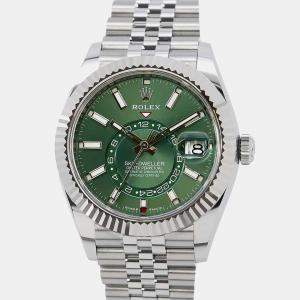 Rolex Green 18k White Gold Stainless Steel Sky-Dweller Automatic Men's Wristwatch 42 mm