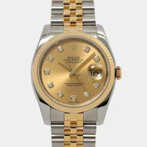 Rolex Champagne Diamond 18k Yellow Gold Stainless Steel Datejust 116233 Automatic Men's Wristwatch 37 mm