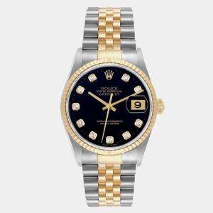 Rolex Datejust Steel Yellow Gold Black Diamond Dial Mens Watch 16233