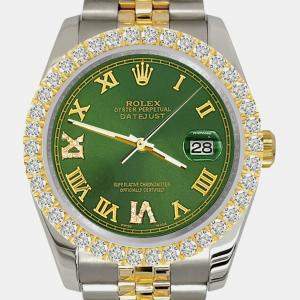 Rolex Custom Green 3.05ct Stainless Steel Yellow Gold Datejust  Automatic Men's Wristwatch 36mm